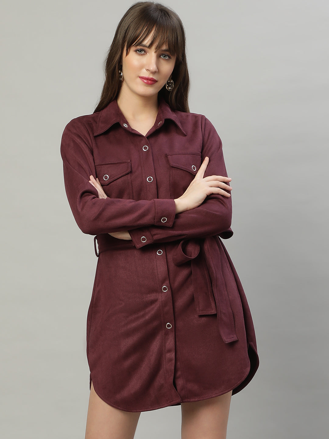 Suede Faux Belted Shirt Dress