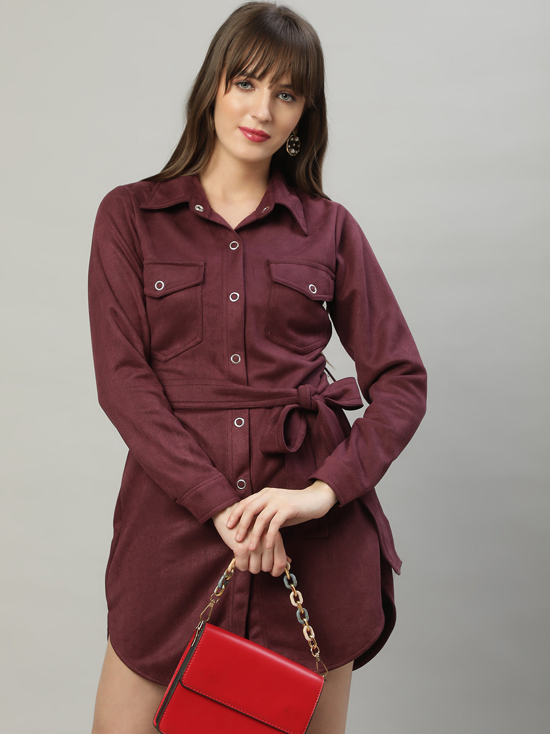 Suede Faux Belted Shirt Dress