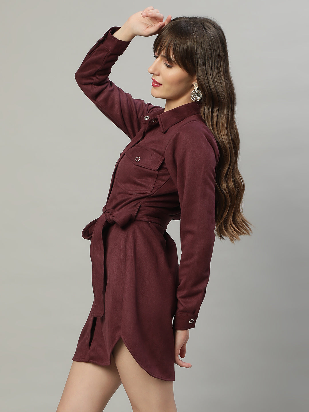 Suede Faux Belted Shirt Dress