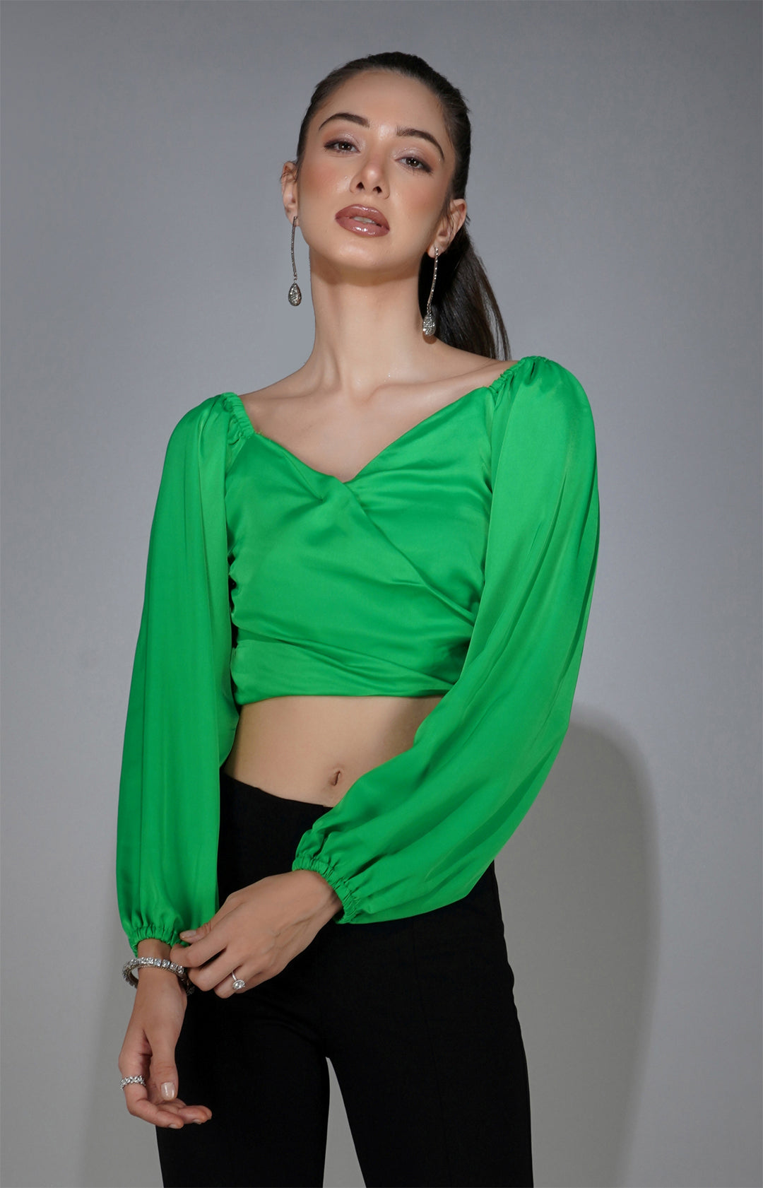 Smocked Satin Wrap Crop Top