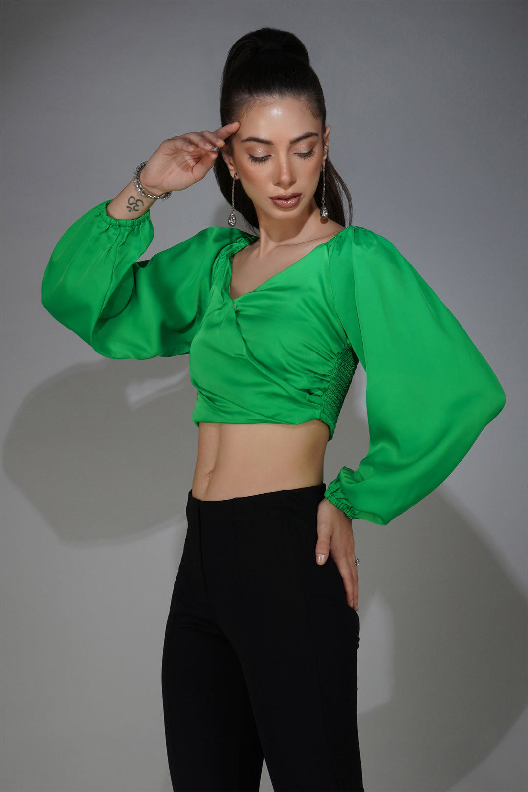 Smocked Satin Wrap Crop Top