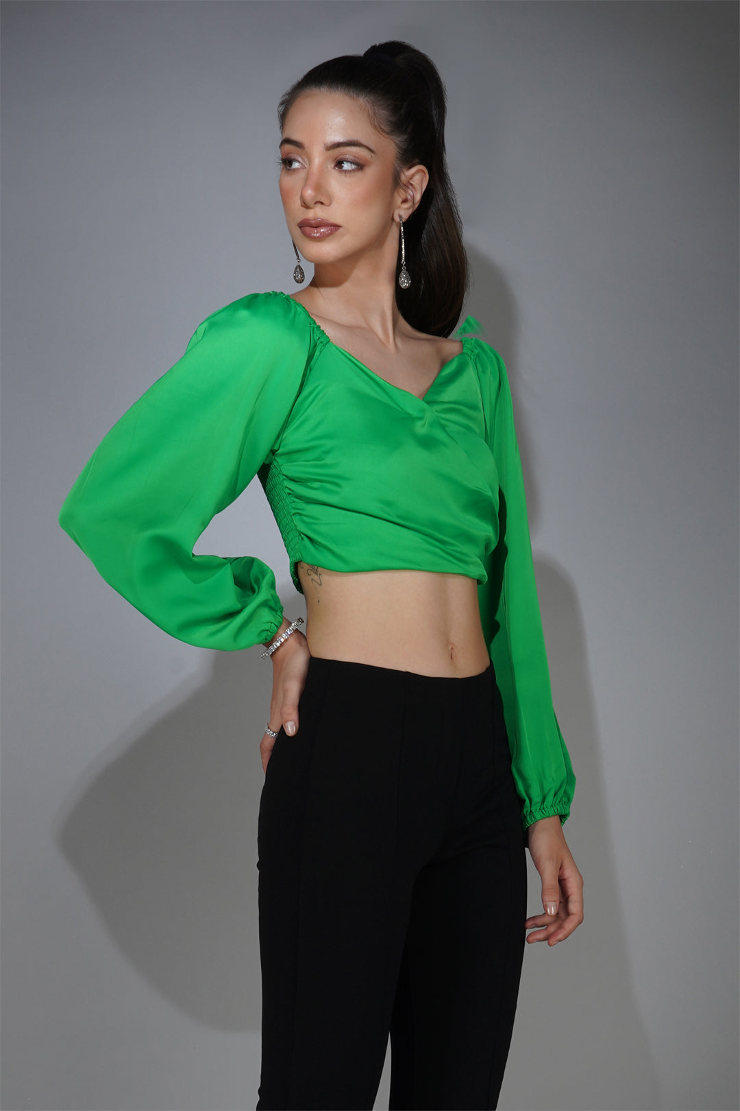 Smocked Satin Wrap Crop Top