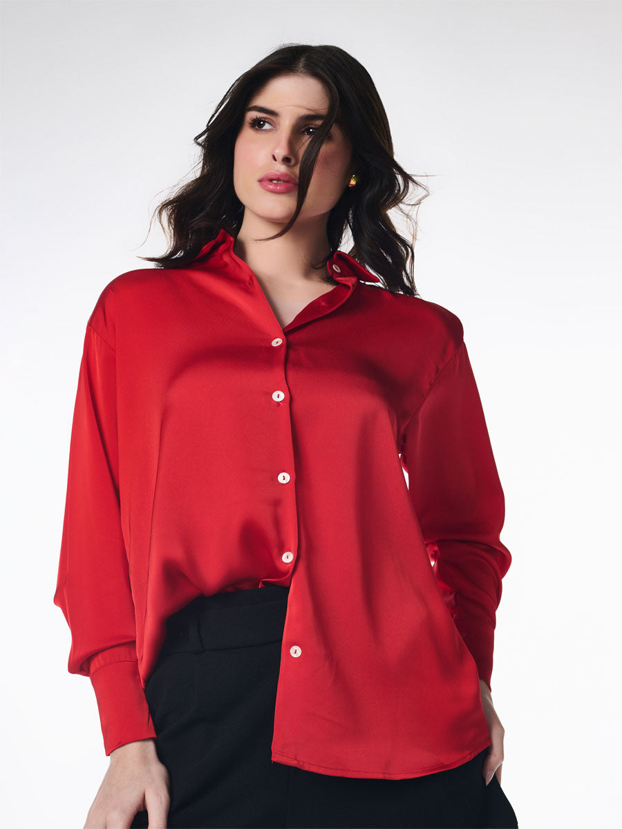 Flowing Satin Spread Collar Classic Shirt