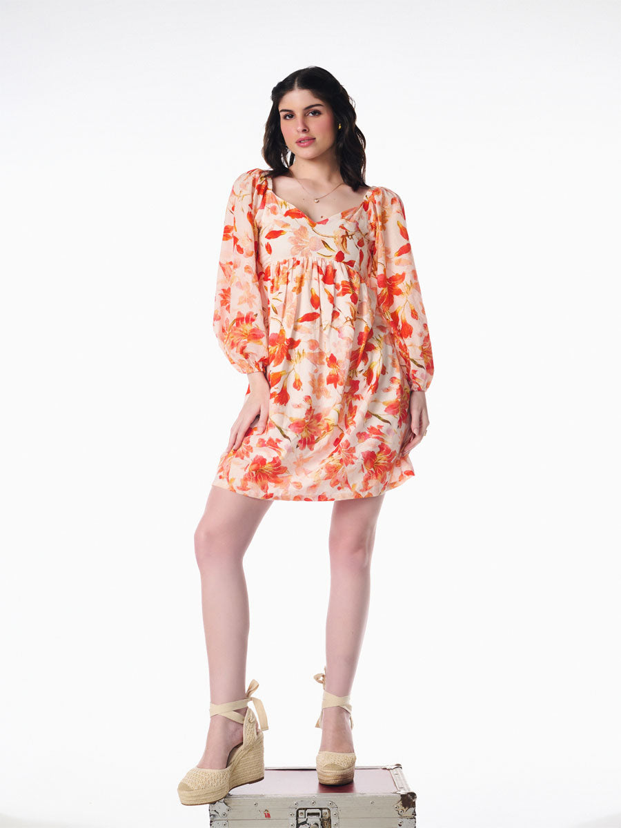 Floral Long Sleeve Short Dress