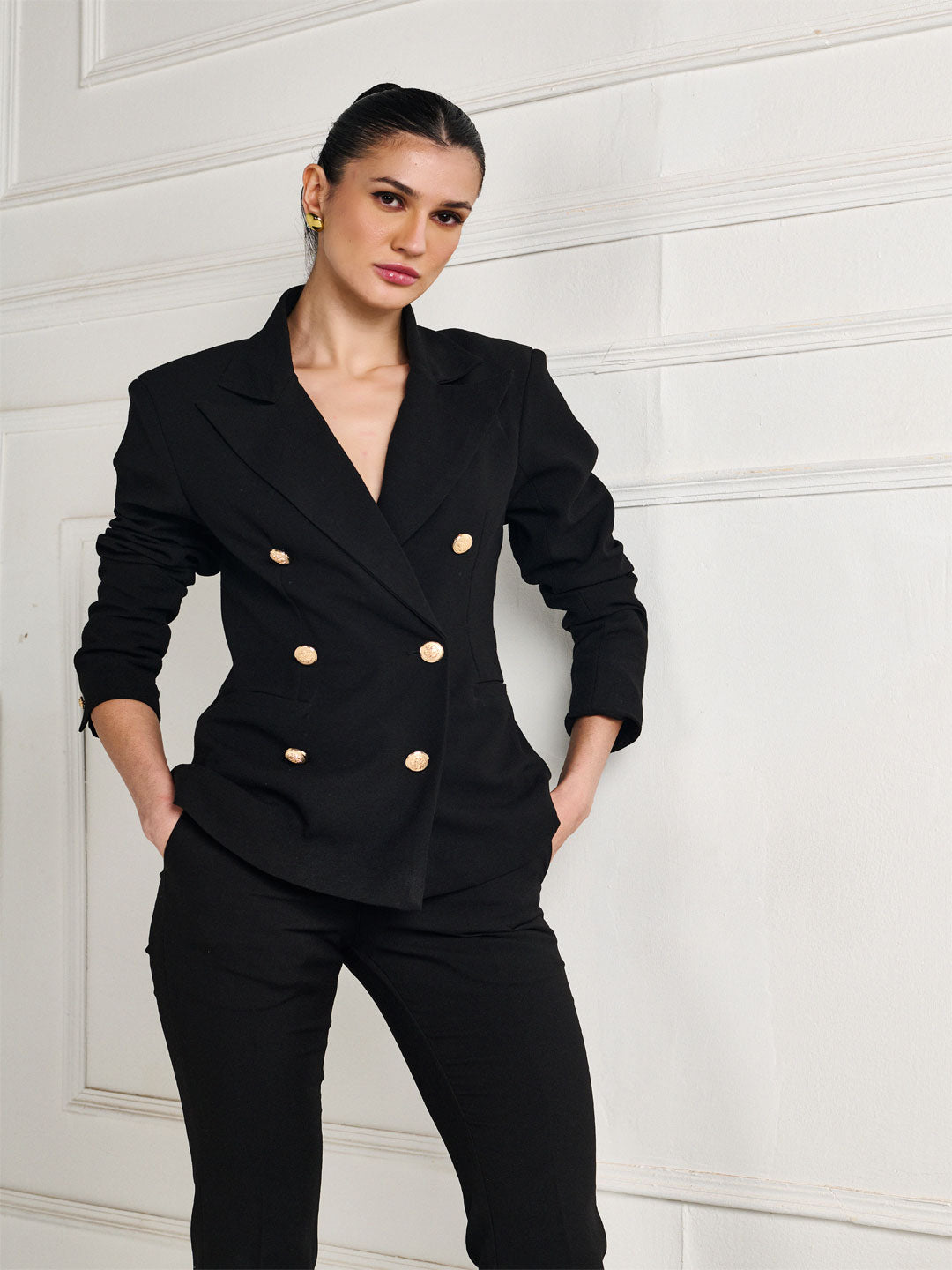 Tailored Double Breasted 6 Golden Buttoned Black Blazer for Women - Delan