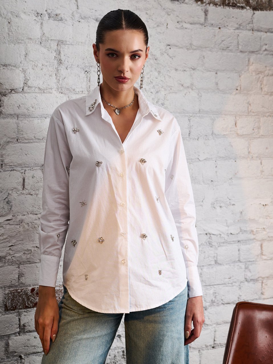 Rhinestone Cotton Poplin Shirt